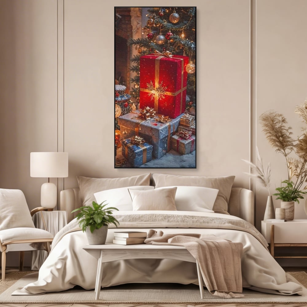 Tablou canvas cu tablou canvas cu cadouri sub brad, in rama de aluminiu negru, pe perete intr-un dormitor